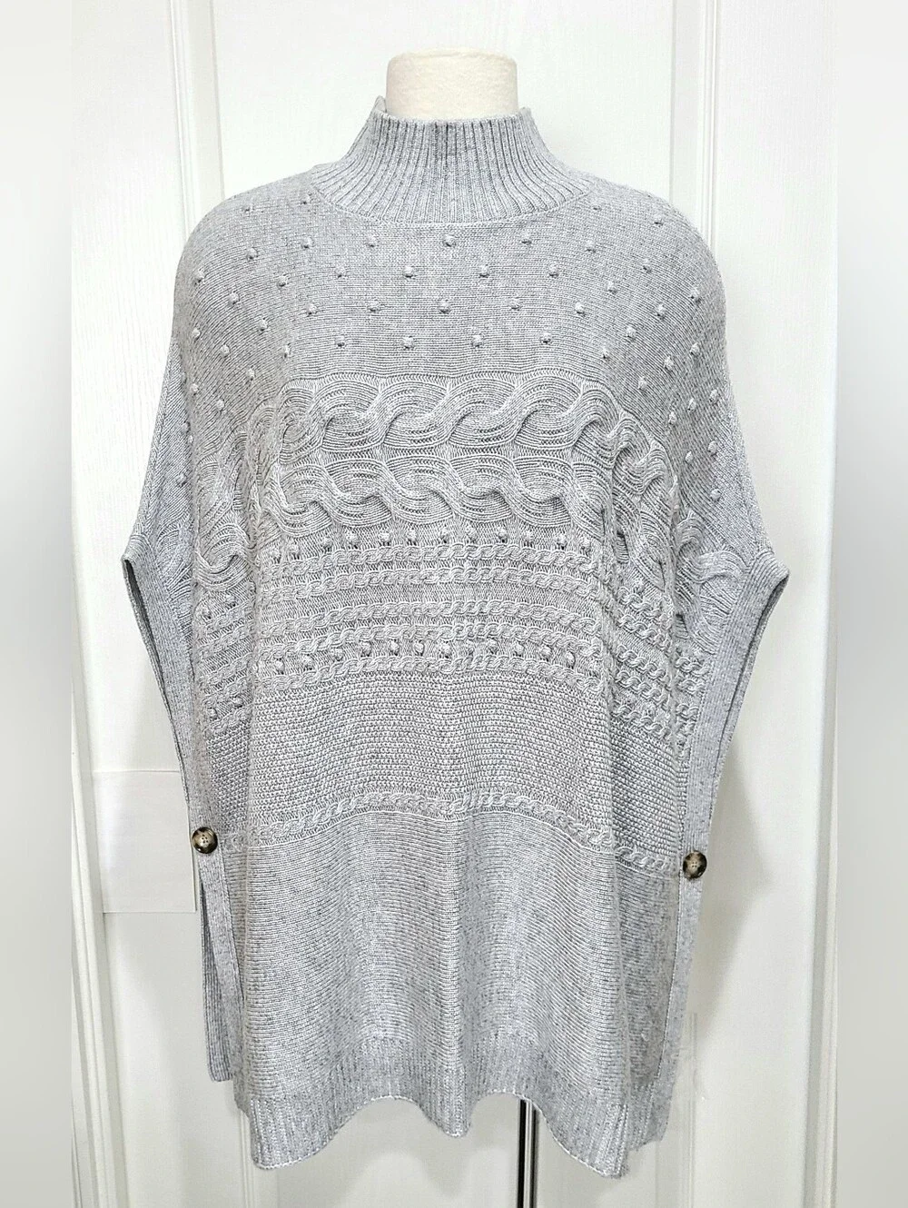 Talbots Cable Knit Mockneck Poncho Sweater Gray Bobble Popcorn Sz Small NWT